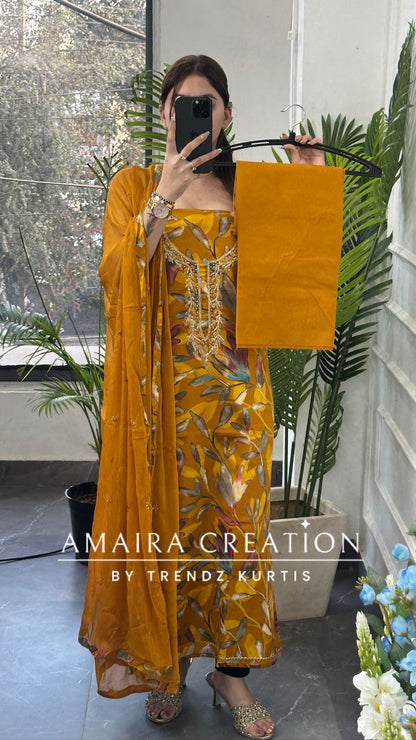 Premium Cotton Mustard Colour Floral Print Unstitch Suit With Chiffon Dupatta