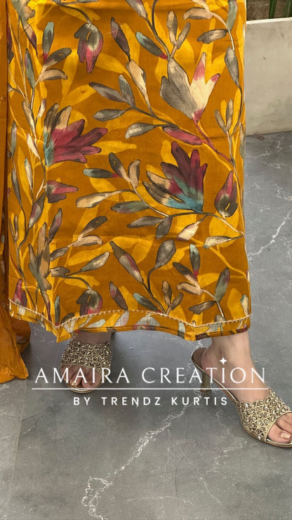Premium Cotton Mustard Colour Floral Print Unstitch Suit With Chiffon Dupatta