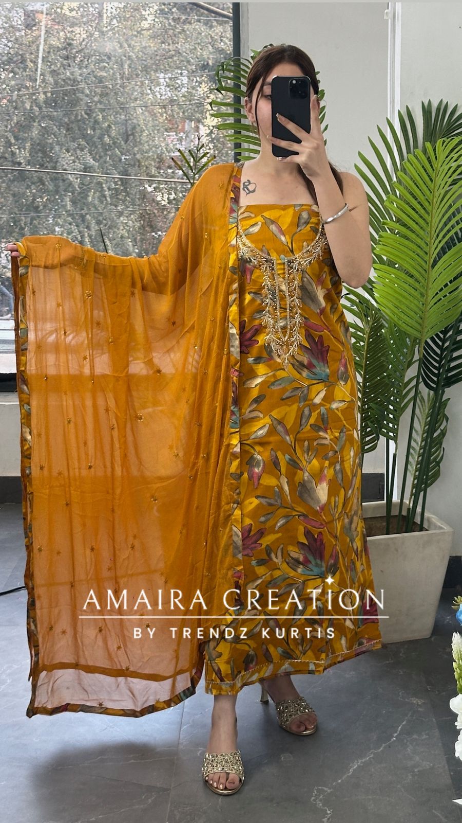 Premium Cotton Mustard Colour Floral Print Unstitch Suit With Chiffon Dupatta