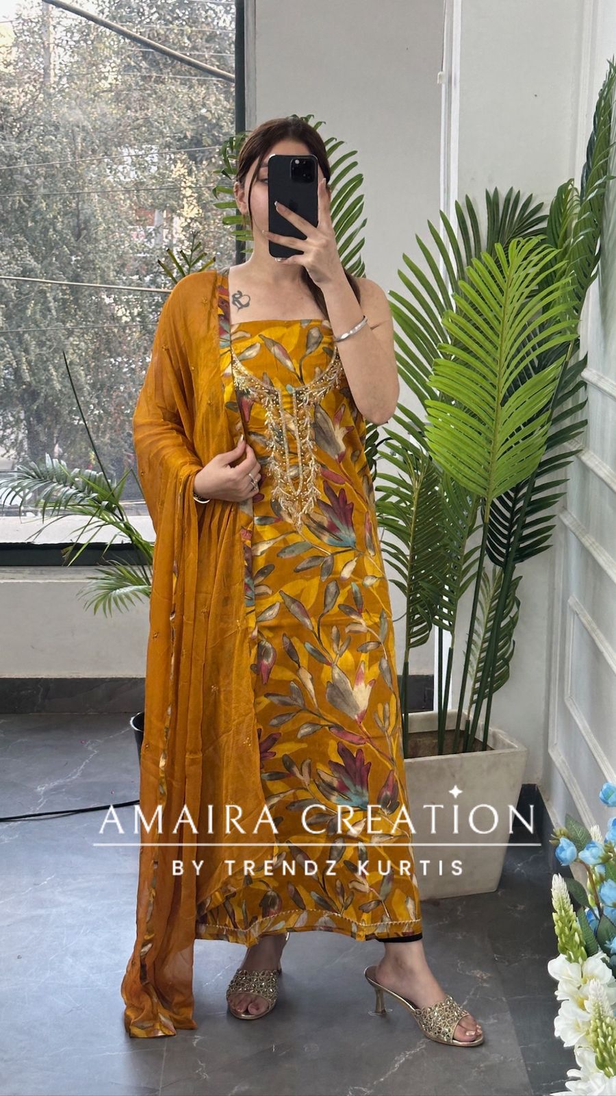 Premium Cotton Mustard Colour Floral Print Unstitch Suit With Chiffon Dupatta