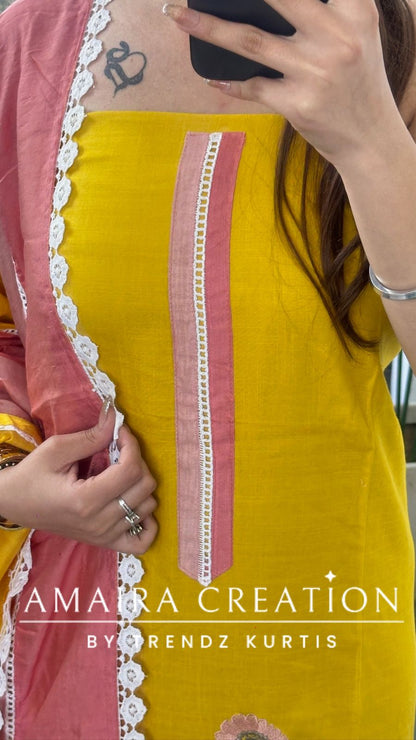 Premium Cotton Reyon Mustard Colour Beautiful Thread Embroiderey Unstitch Suit