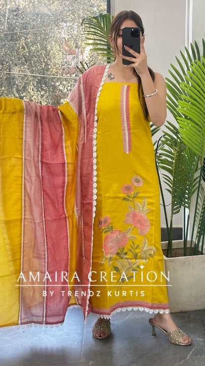 Premium Cotton Reyon Mustard Colour Beautiful Thread Embroiderey Unstitch Suit