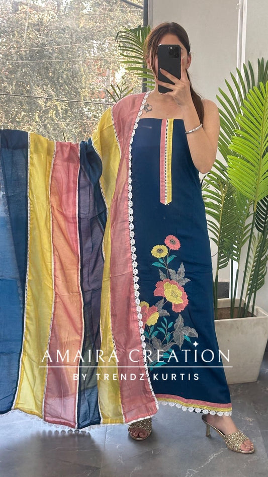 Premium Cotton Reyon Navy Blue Colour Beautiful Thread Embroiderey Unstitch Suit