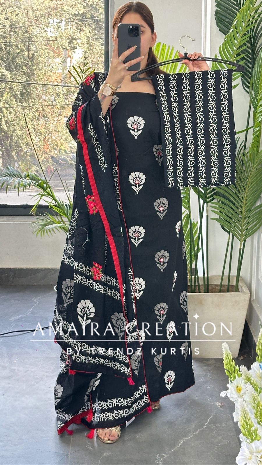 Premium Cotton Black Color With Mirror Work & Full Thread Embroidered Detailing Dupatta
