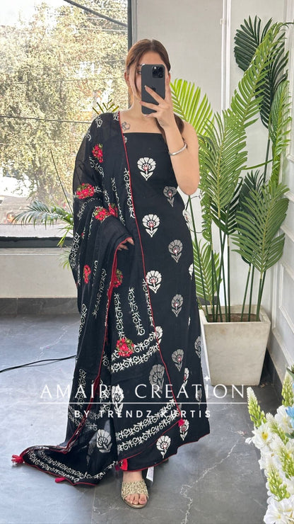 Premium Cotton Black Color With Mirror Work & Full Thread Embroidered Detailing Dupatta