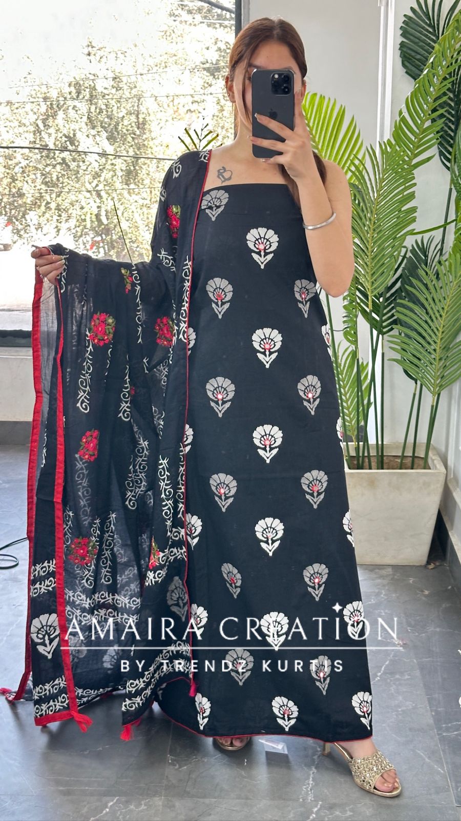 Premium Cotton Black Color With Mirror Work & Full Thread Embroidered Detailing Dupatta