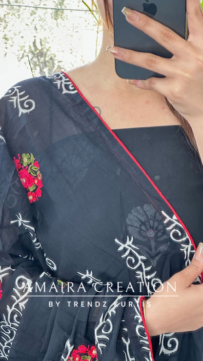 Premium Cotton Black Color With Mirror Work & Full Thread Embroidered Detailing Dupatta