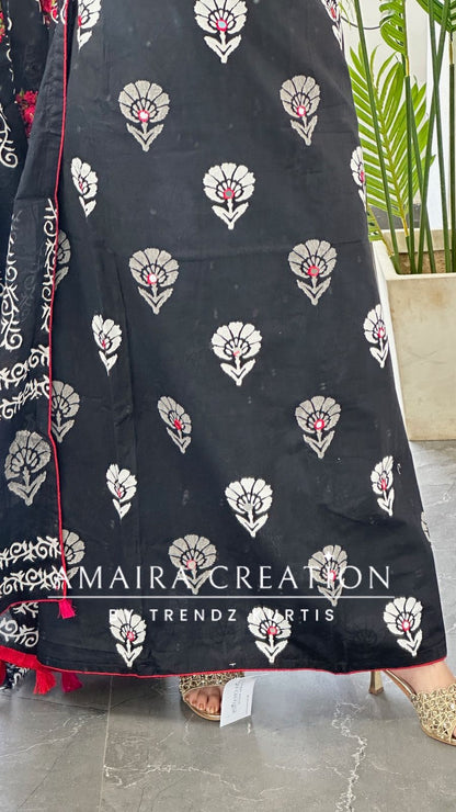 Premium Cotton Black Color With Mirror Work & Full Thread Embroidered Detailing Dupatta