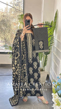 Premium Cotton Black Color Unstitch Suit With Detailing On Neck & Bottom