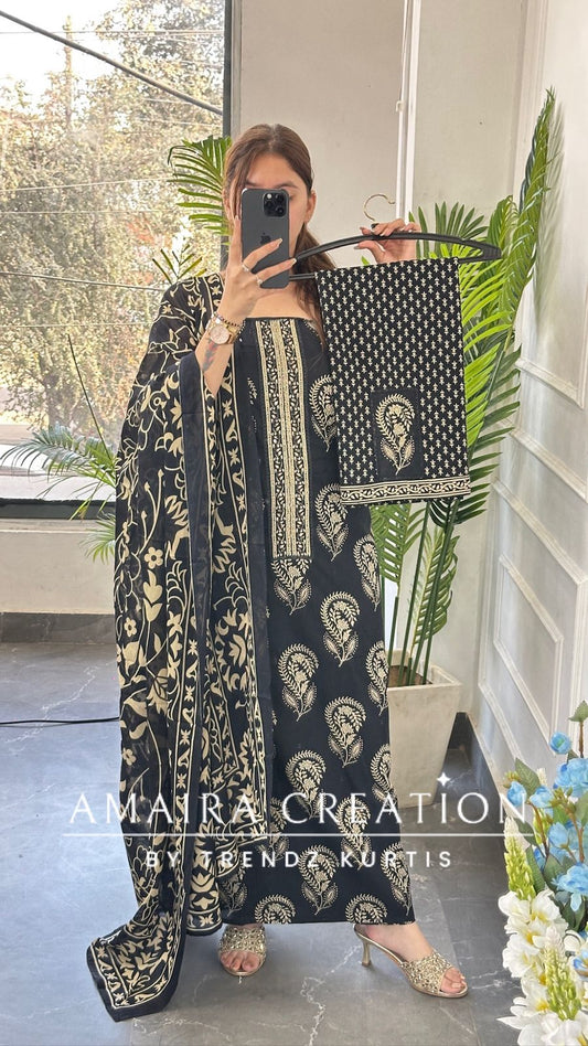 Premium Cotton Black Color Unstitch Suit With Detailing On Neck & Bottom