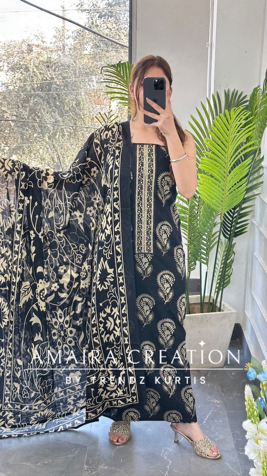 Premium Cotton Black Color Unstitch Suit With Detailing On Neck & Bottom