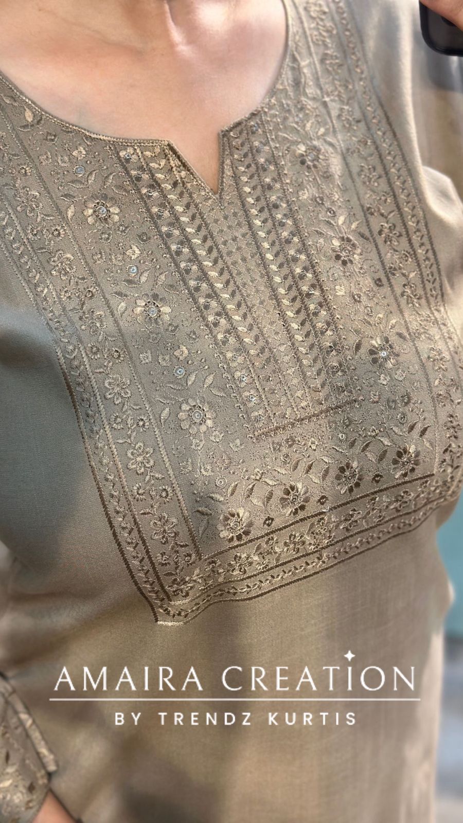 Premium cotton Lycra Beige Color Embroidered Short Kurt