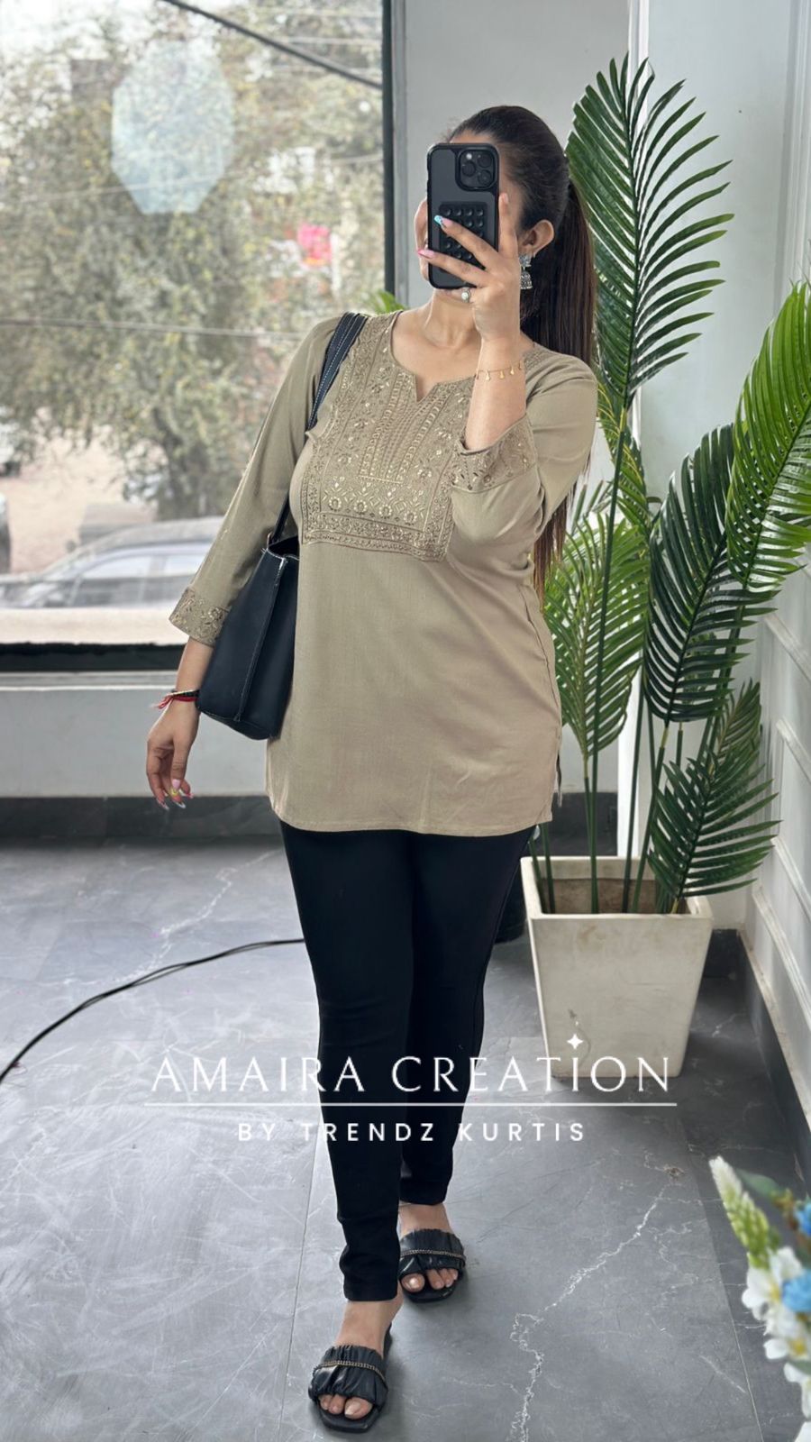 Premium cotton Lycra Beige Color Embroidered Short Kurt