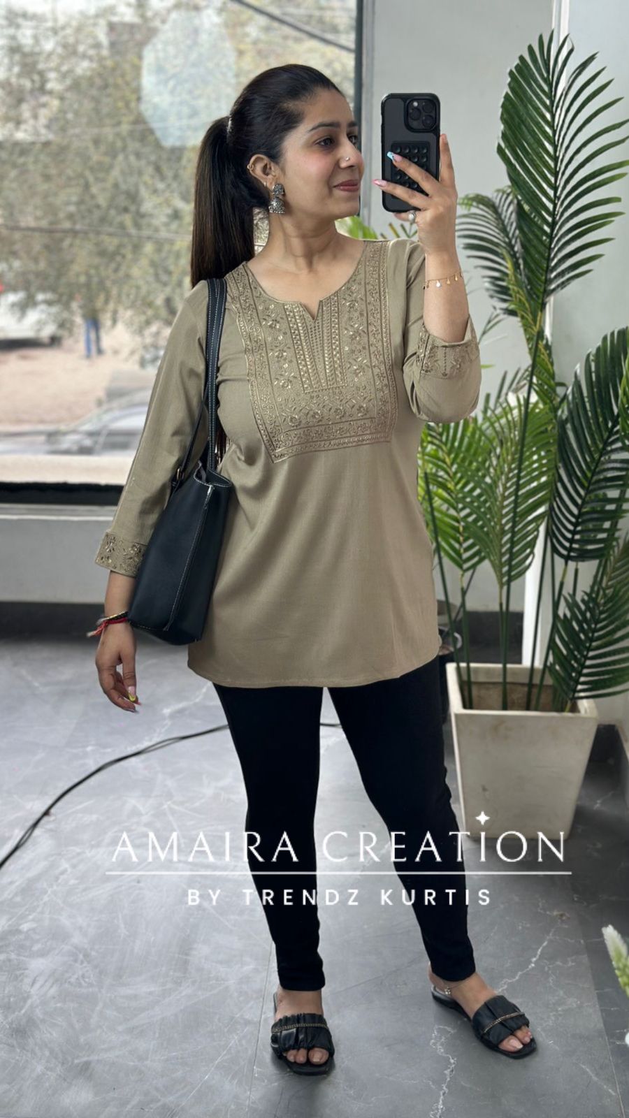 Premium cotton Lycra Beige Color Embroidered Short Kurt