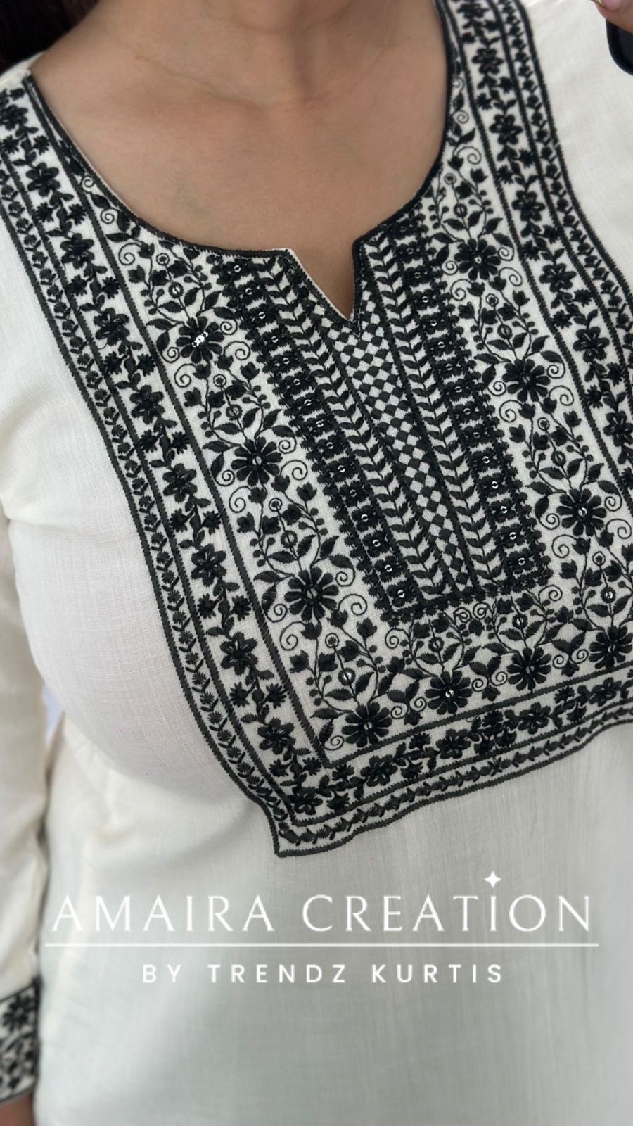 Premium Cotton Lycra Cream Color Embroidered Short Kurti
