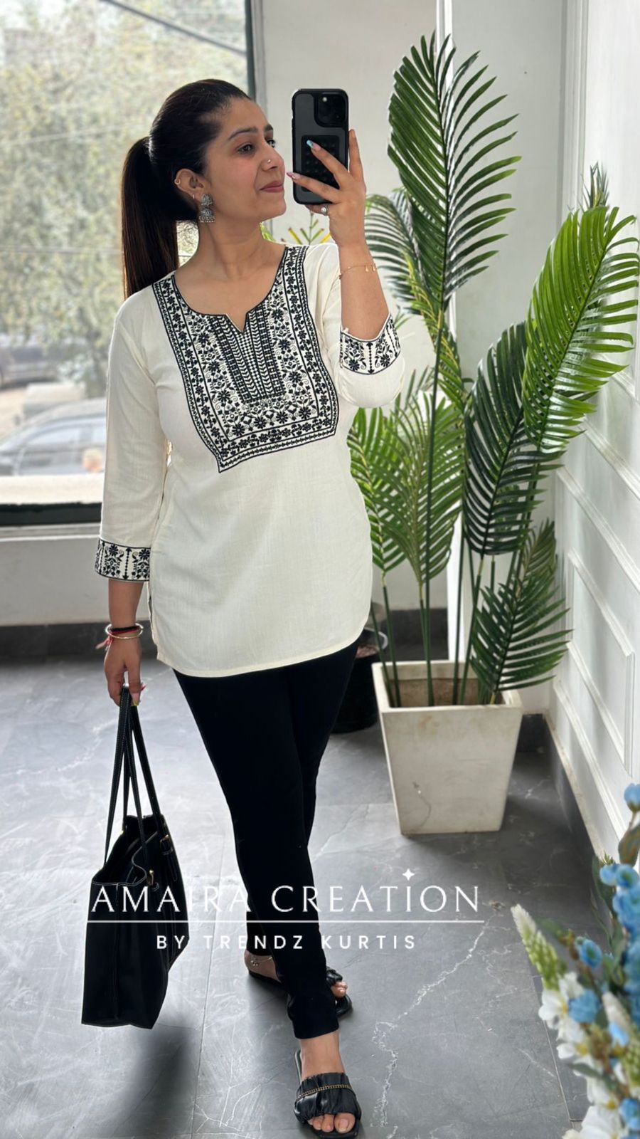 Premium Cotton Lycra Cream Color Embroidered Short Kurti