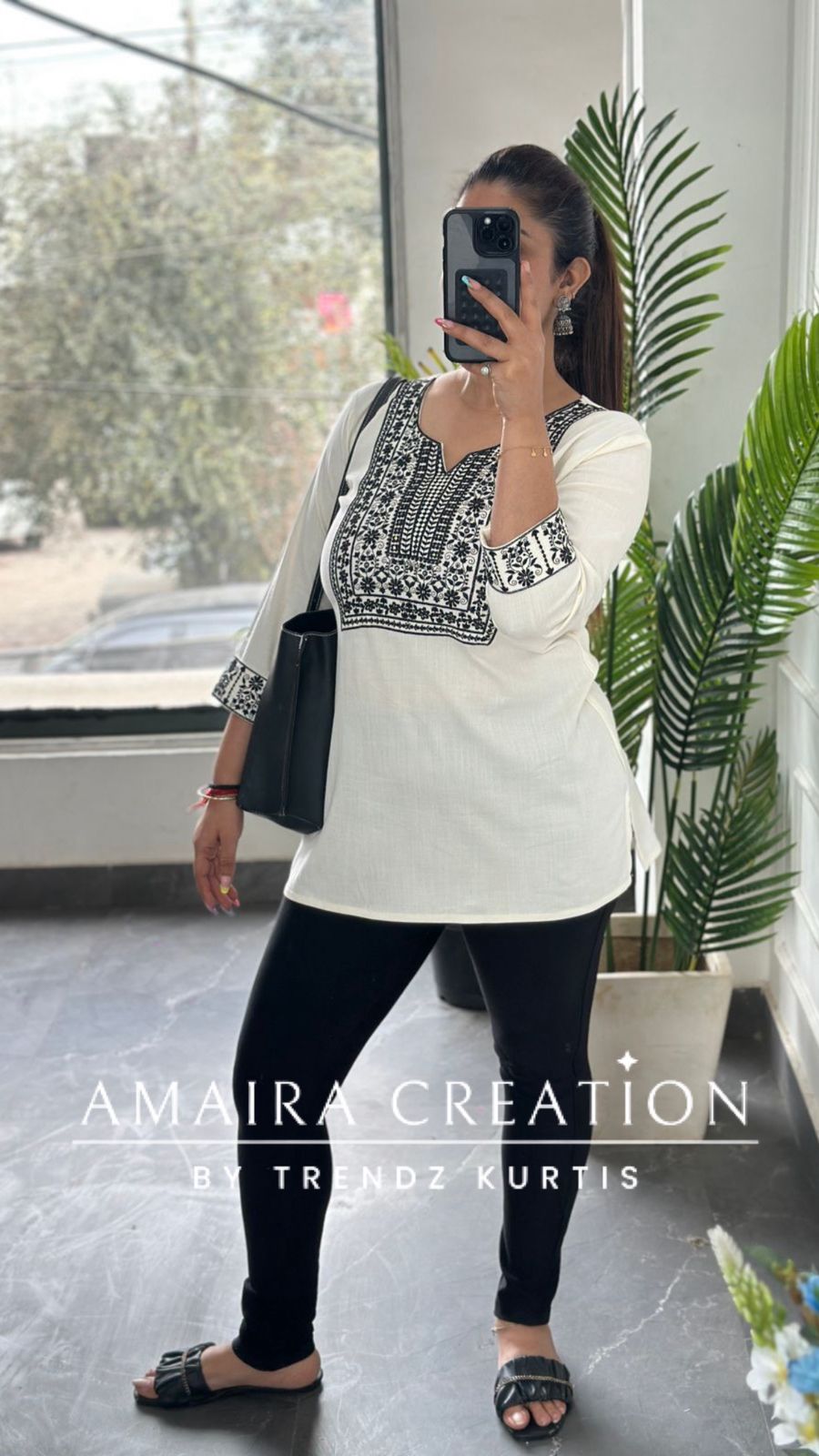 Premium Cotton Lycra Cream Color Embroidered Short Kurti