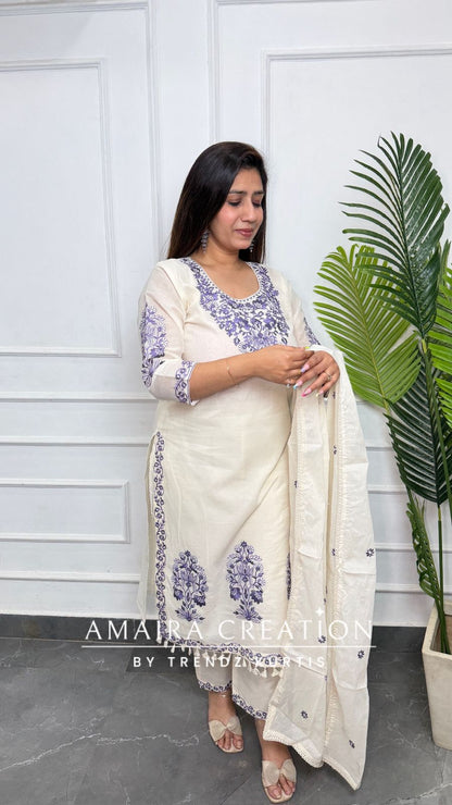 Premium Cotton Cream Colour With Purple Thread Embroidered Deatiling Pant Set
