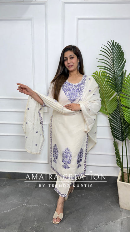 Premium Cotton Cream Colour With Purple Thread Embroidered Deatiling Pant Set