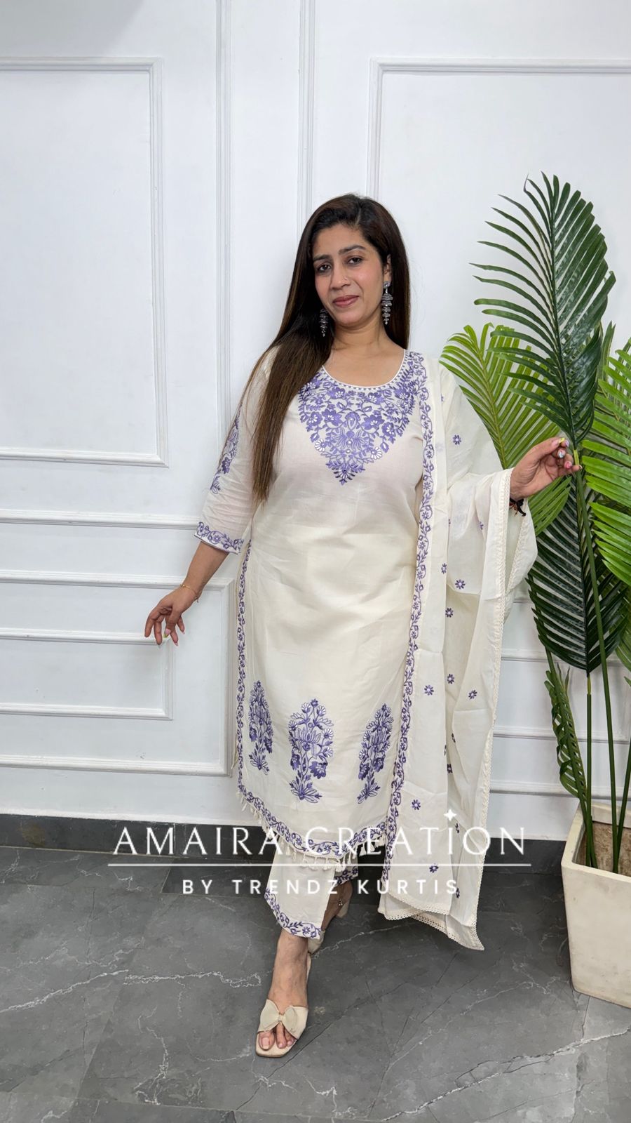 Premium Cotton Cream Colour With Purple Thread Embroidered Deatiling Pant Set