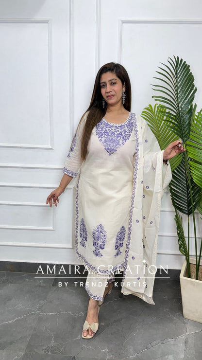 Premium Cotton Cream Colour With Purple Thread Embroidered Deatiling Pant Set