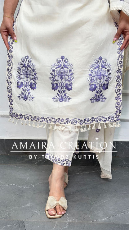 Premium Cotton Cream Colour With Purple Thread Embroidered Deatiling Pant Set