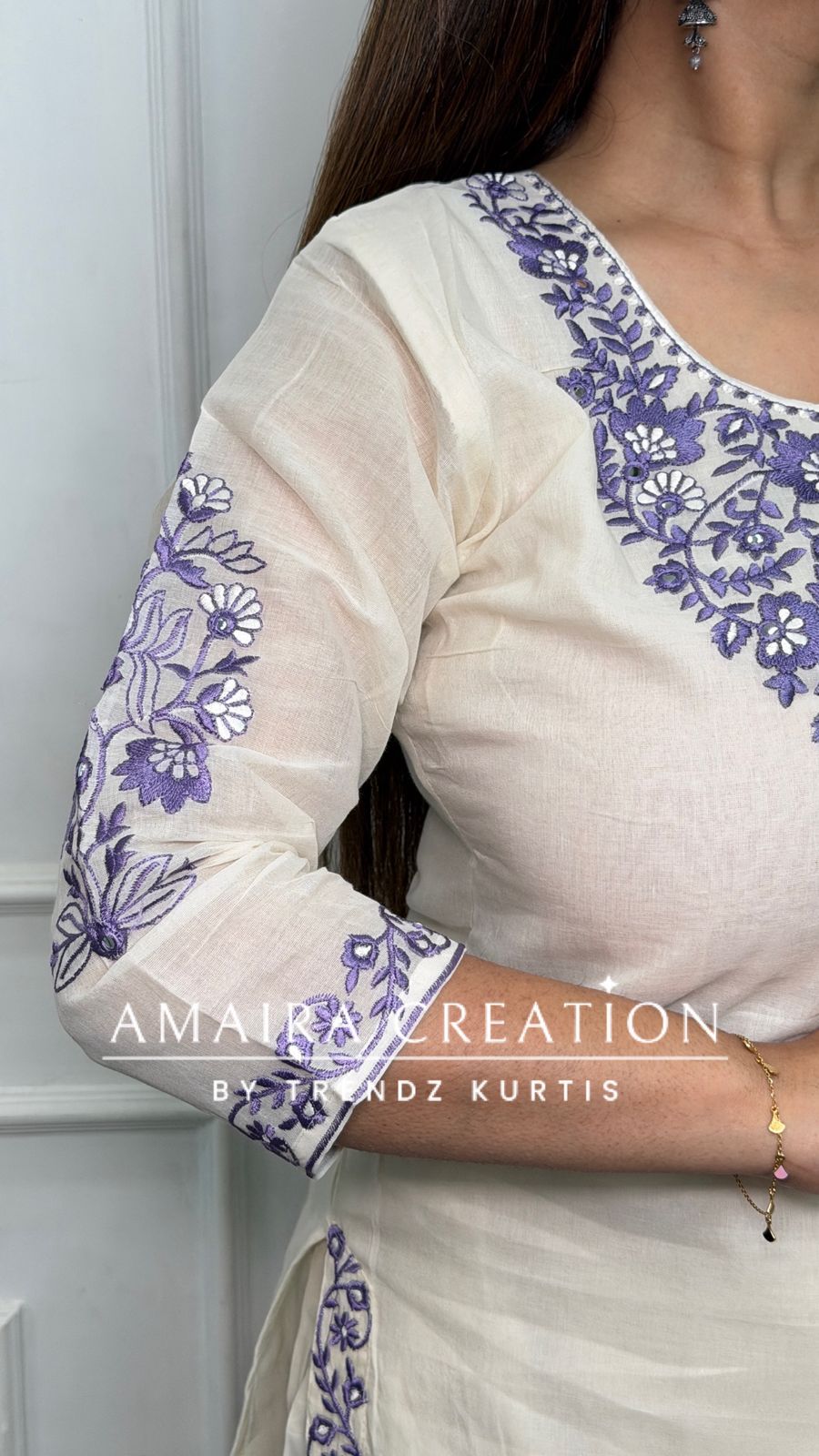 Premium Cotton Cream Colour With Purple Thread Embroidered Deatiling Pant Set