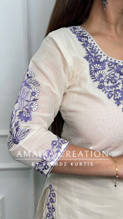 Premium Cotton Cream Colour With Purple Thread Embroidered Deatiling Pant Set