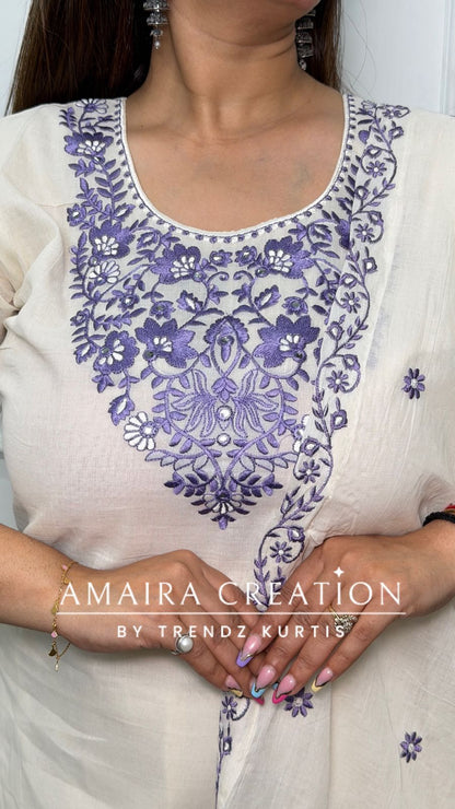 Premium Cotton Cream Colour With Purple Thread Embroidered Deatiling Pant Set