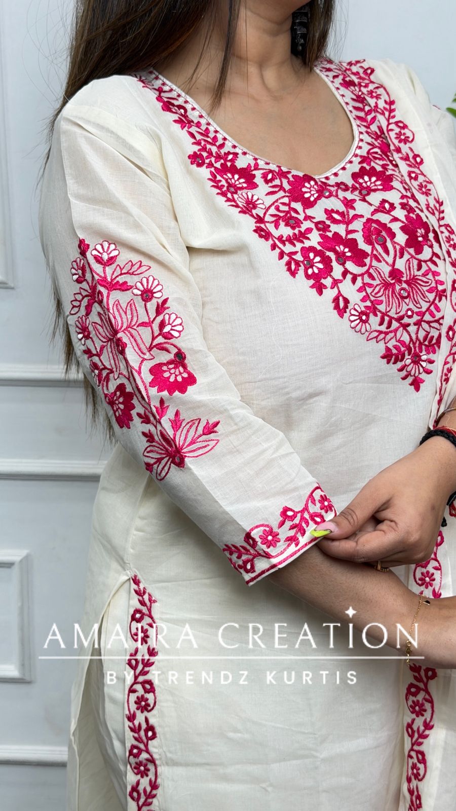 Premium Cotton Cream Colour With Pink Thread Embroidered Deatiling Pant Set