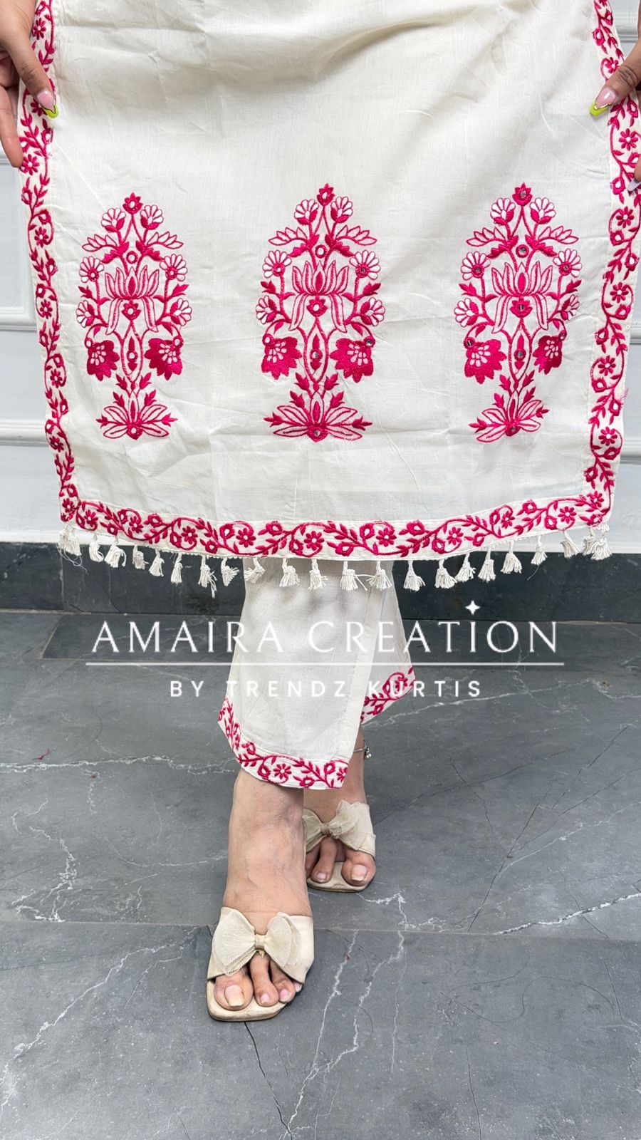 Premium Cotton Cream Colour With Pink Thread Embroidered Deatiling Pant Set