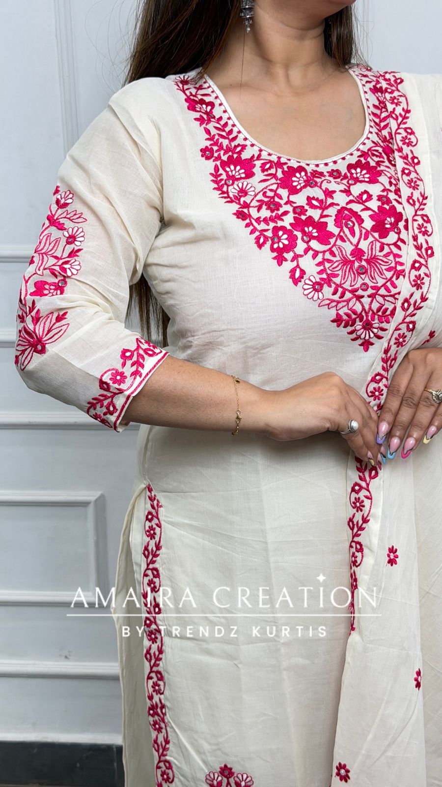 Premium Cotton Cream Colour With Pink Thread Embroidered Deatiling Pant Set