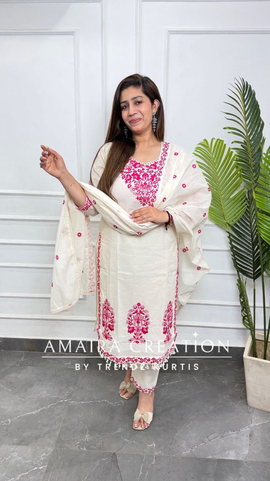 Premium Cotton Cream Colour With Pink Thread Embroidered Deatiling Pant Set