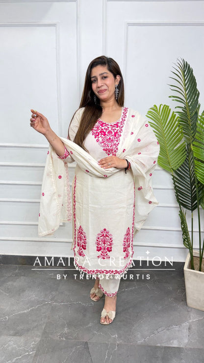 Premium Cotton Cream Colour With Pink Thread Embroidered Deatiling Pant Set