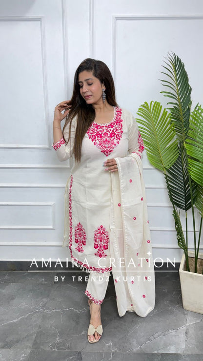 Premium Cotton Cream Colour With Pink Thread Embroidered Deatiling Pant Set