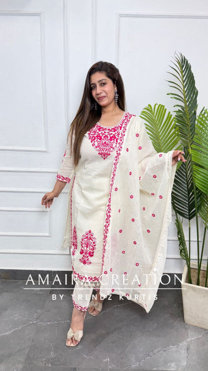 Premium Cotton Cream Colour With Pink Thread Embroidered Deatiling Pant Set