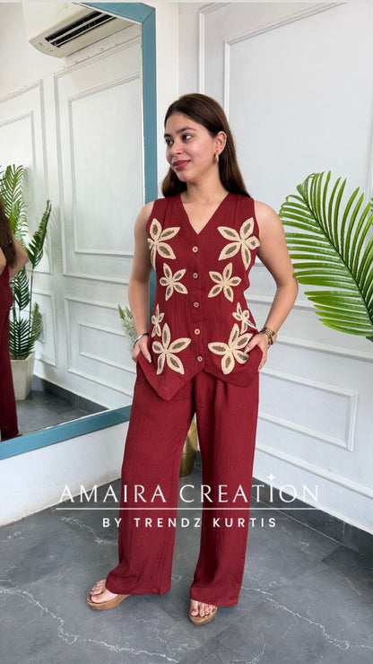 Imported Brick Colour Cotton Towel Work Designer Cord Set