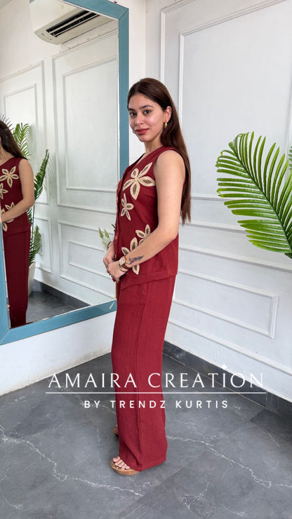 Imported Brick Colour Cotton Towel Work Designer Cord Set