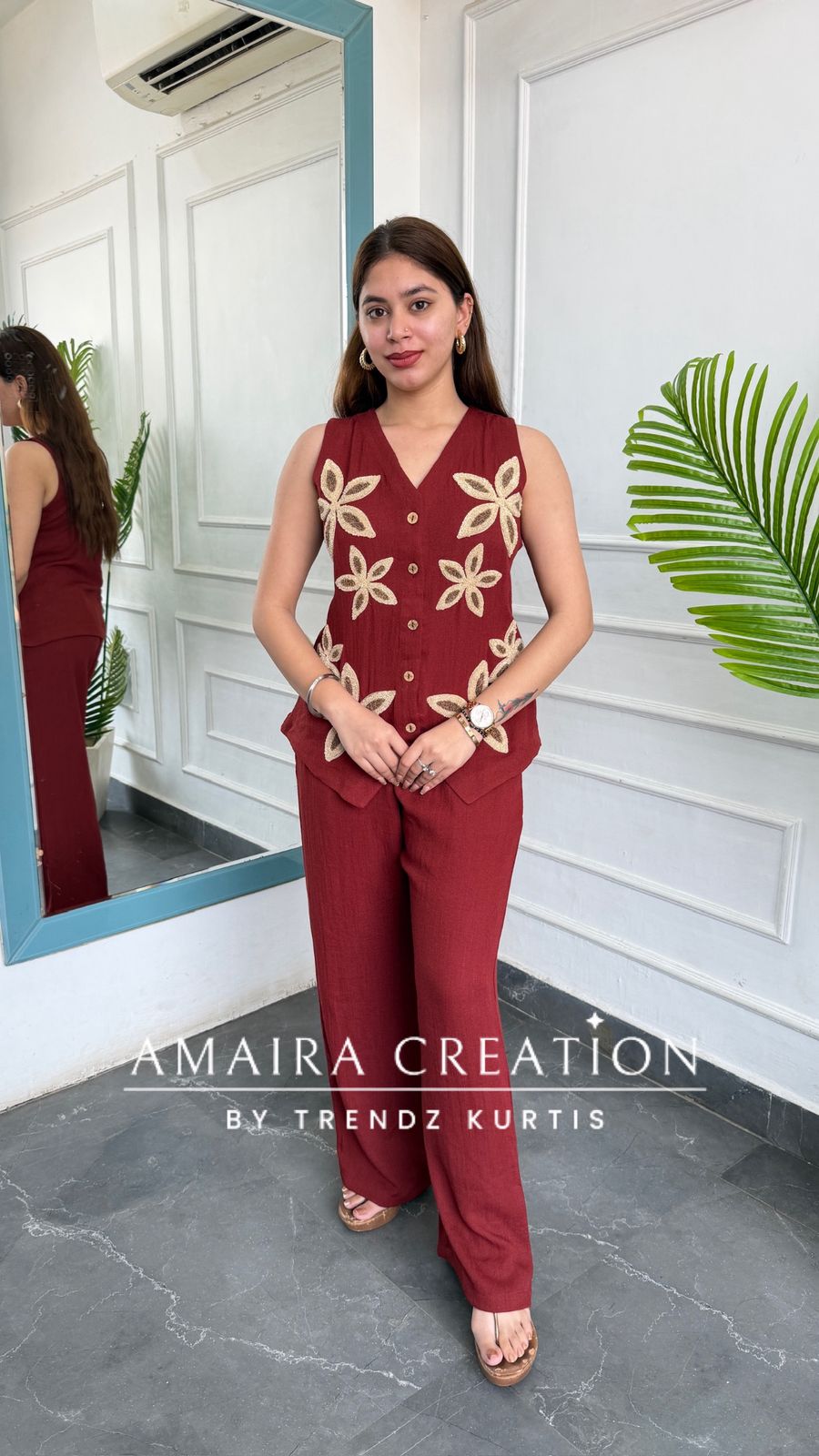 Imported Brick Colour Cotton Towel Work Designer Cord Set