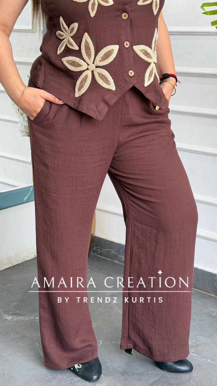 Imported Chocolate Brown Cotton Towel Work Designer Cord Set