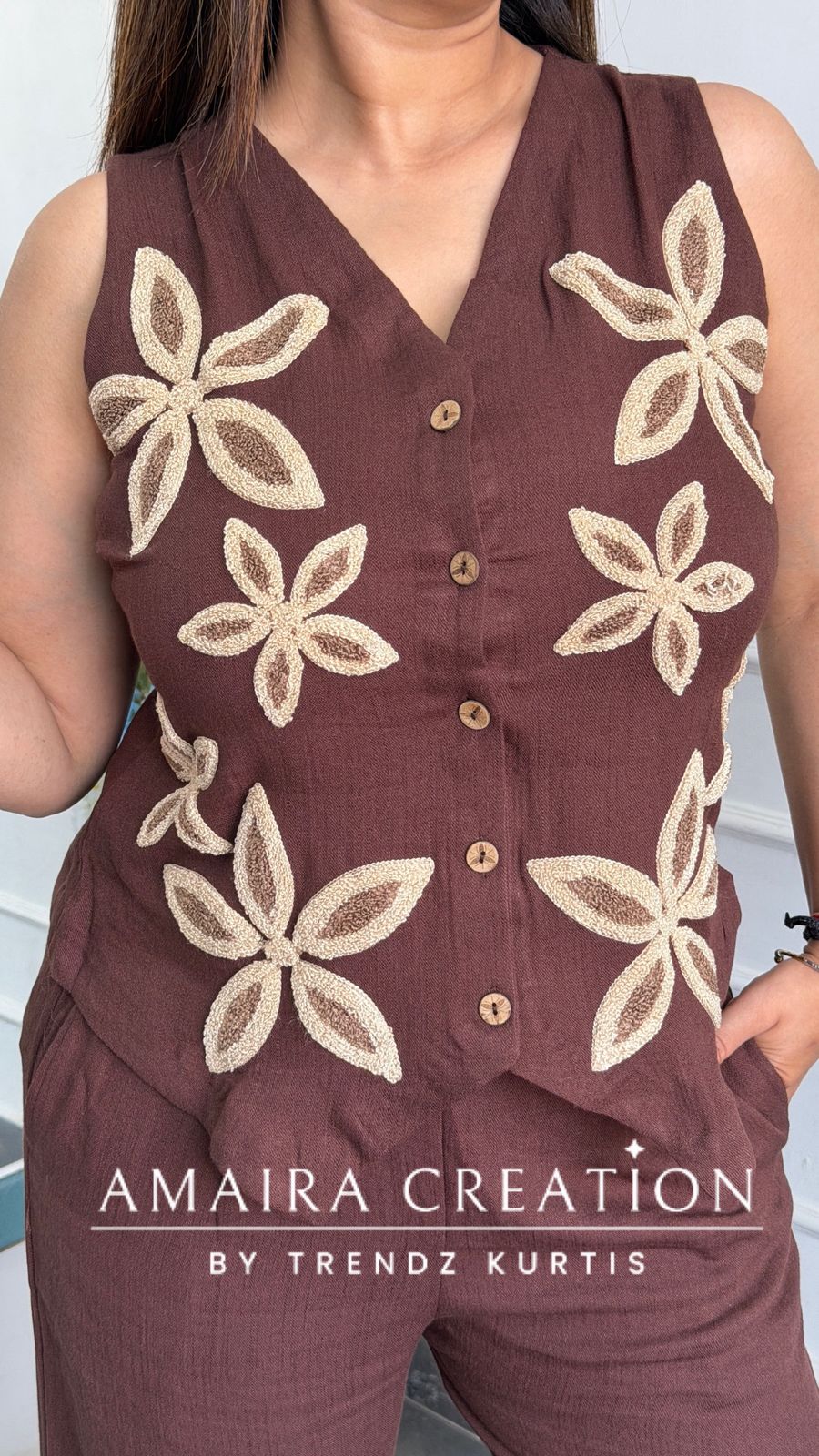 Imported Chocolate Brown Cotton Towel Work Designer Cord Set