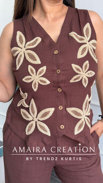 Imported Chocolate Brown Cotton Towel Work Designer Cord Set