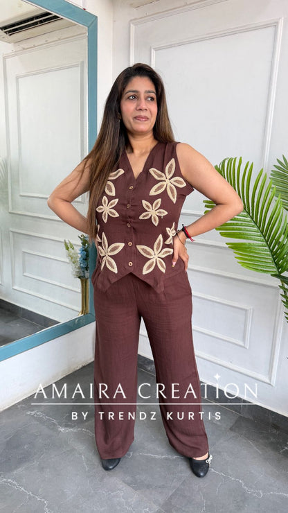 Imported Chocolate Brown Cotton Towel Work Designer Cord Set