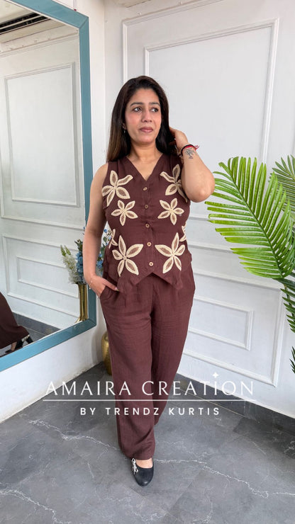 Imported Chocolate Brown Cotton Towel Work Designer Cord Set