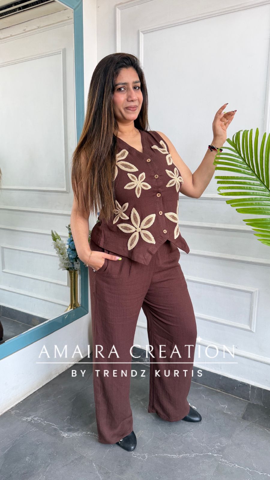 Imported Chocolate Brown Cotton Towel Work Designer Cord Set