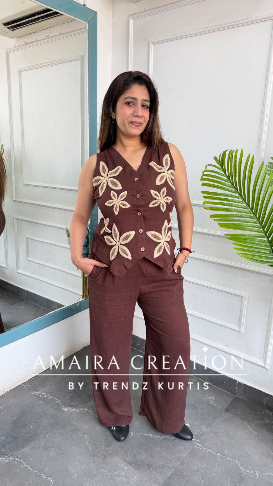 Imported Chocolate Brown Cotton Towel Work Designer Cord Set