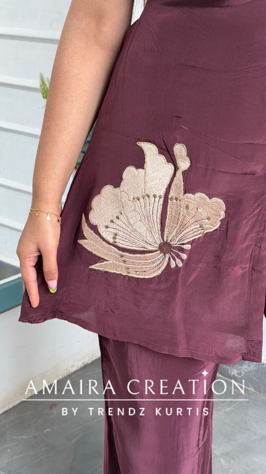 Premium Wine Crepe Fabric Beautiful Thread Work Cord Set