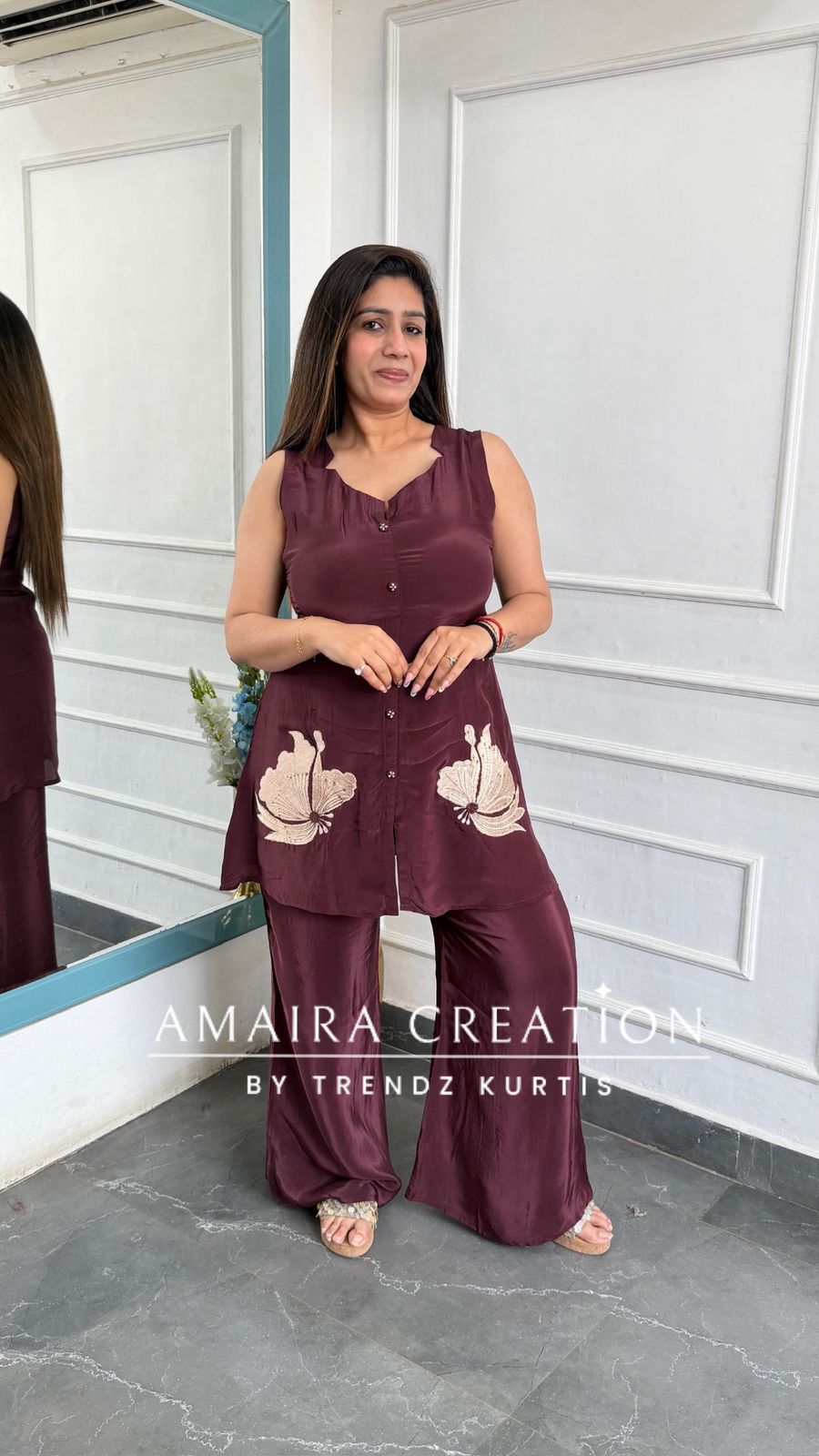 Premium Wine Crepe Fabric Beautiful Thread Work Cord Set