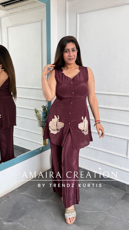 Premium Wine Crepe Fabric Beautiful Thread Work Cord Set