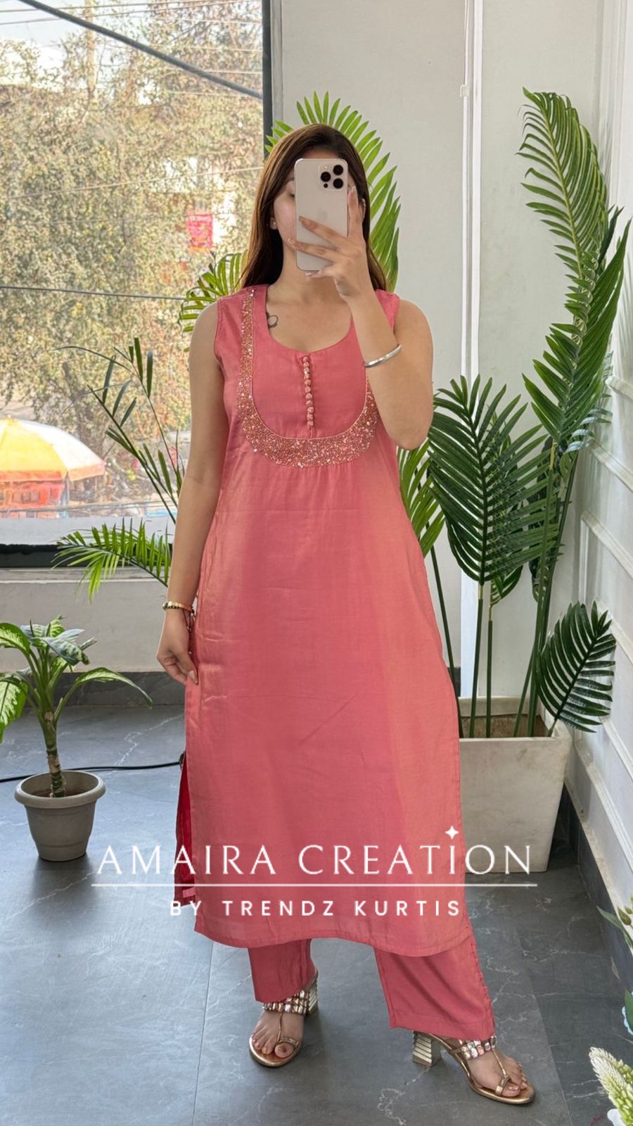 Premium Shimmer Silk Peach Color Wonderful Neck Pattern Pant Set(17 inches sleeves available)